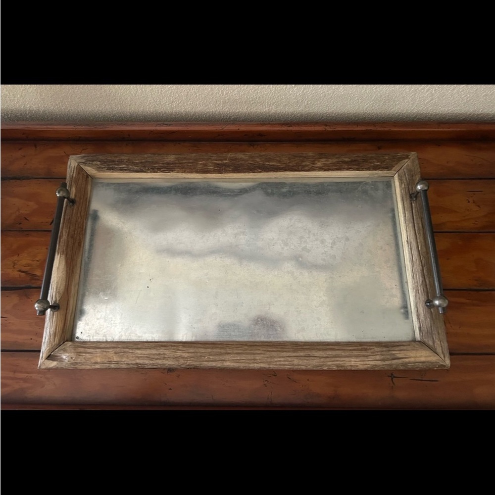 Large Rustic Wood &
Galvanized Metal Serving Tray with Handles. 2'x14"